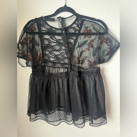 Zara Basic Collection Embroidered Floral Blouse Black Sheer XS - Picture 12 of 13